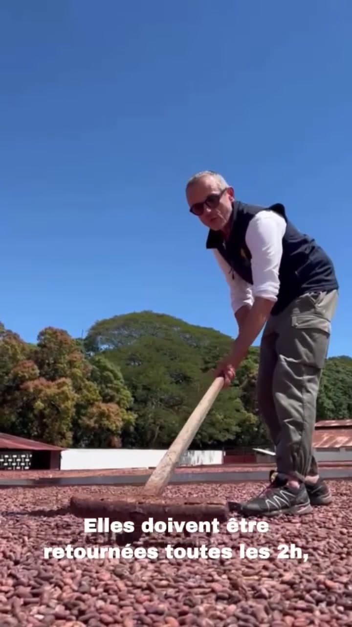 Grégoire Engrand retourne au râteau les fèves de cacao qui sèchent au soleil sur une terrasse de la plantation MAVA